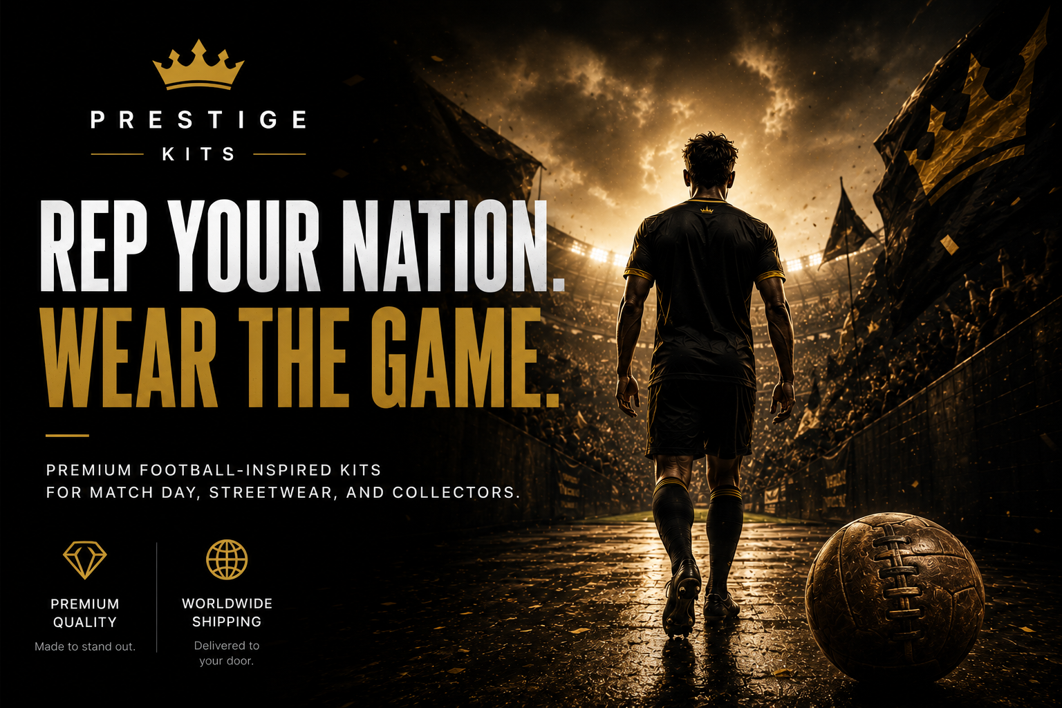 Man walking with a soccer ball on a wet field with promotional text for Prestige Kits.