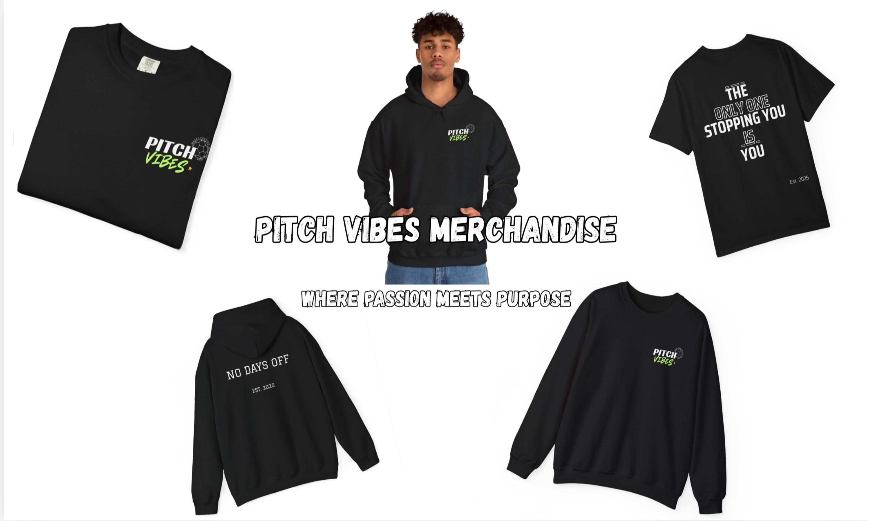 Pitch Vibes merchandise including t-shirts and hoodies on a white background.